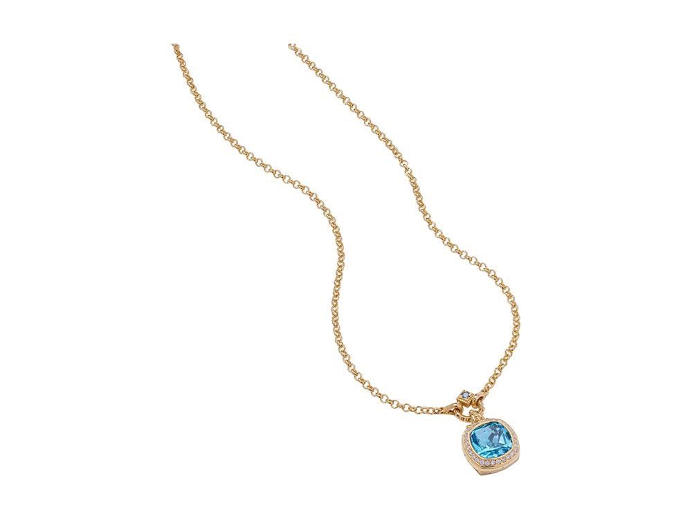 Swiss Blue Topaz & Diamond Pendant Necklace 14K Yellow Gold